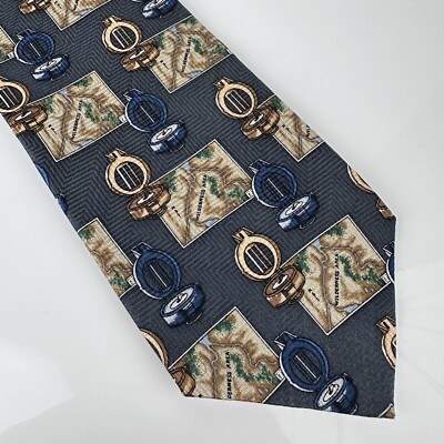 Field & Stream Necktie Tie Silk Gray Map Compass Geography Wide Made in USA