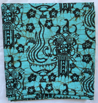 Old Vintage Batik Cap Ikan Mas Special Aqua Black Tribal Mask Fabric 40 x 82 