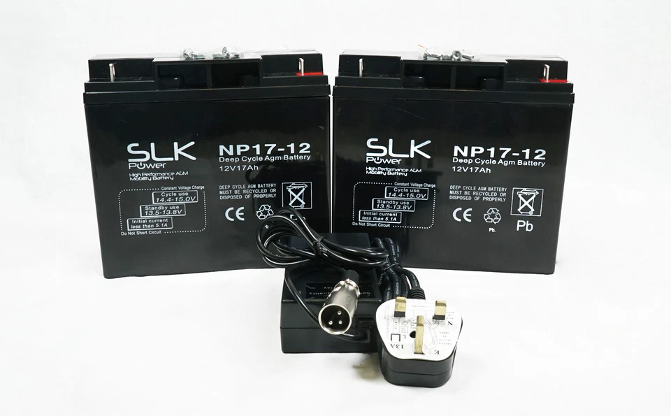 2 x 12v 17AH PRIDE GO GO ELITE TRAVELLER PLUS BATTERIES & CHARGER BUNDLE