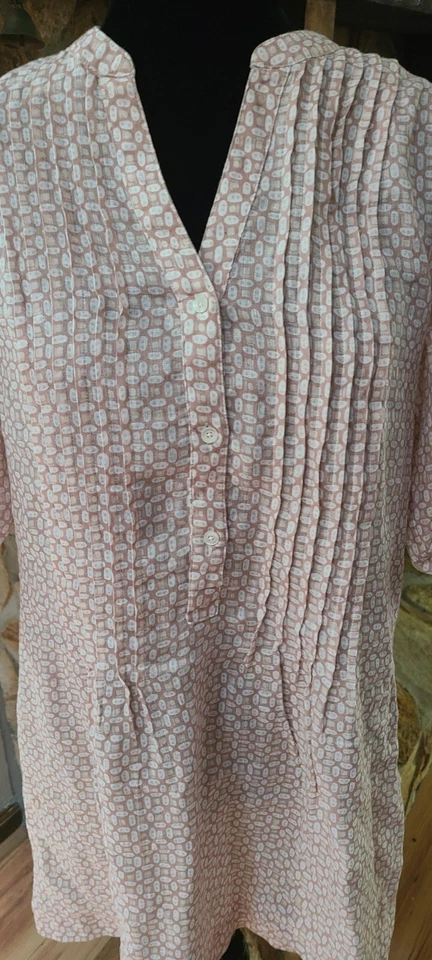 J McLaughlin Linen Dress Roll Tab Sleeve Sz S Pintuck V Neck Beige Print   - Image 2 of 4