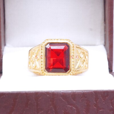 Garnet Emerald Cut With 14K Solid   Gold  Ring For Men's #E517