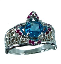 Blue Topaz  Ruby Silver Ring, Free Sizing, US made