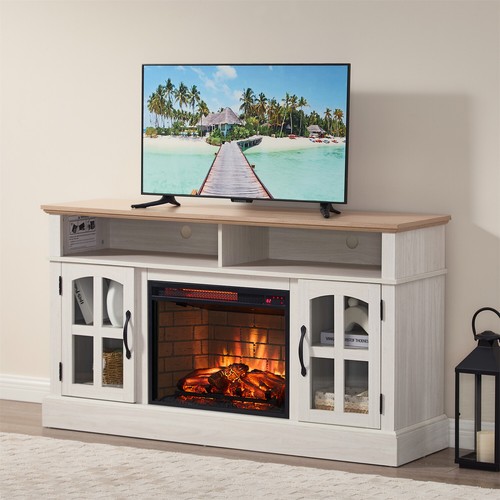 Farmhouse TV Stand Media Console Cabinet w/ 23'' Fireplace for TVs Up to 70''