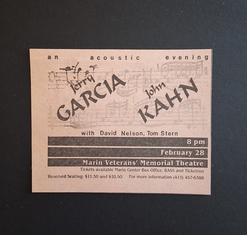 Vintage Jerry Garcia - John Kahn - Marin Veterans Memorial Theatre Show 1986 AD - Picture 1 of 1