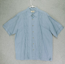 Cubavera Guayabera Embroidered Button Down Shirt Mens L Blue Ramie Blend Tropic