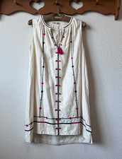 Madewell G4932 XS Linen Blend Embroidered Shift Dress Ivory Boho Tassel