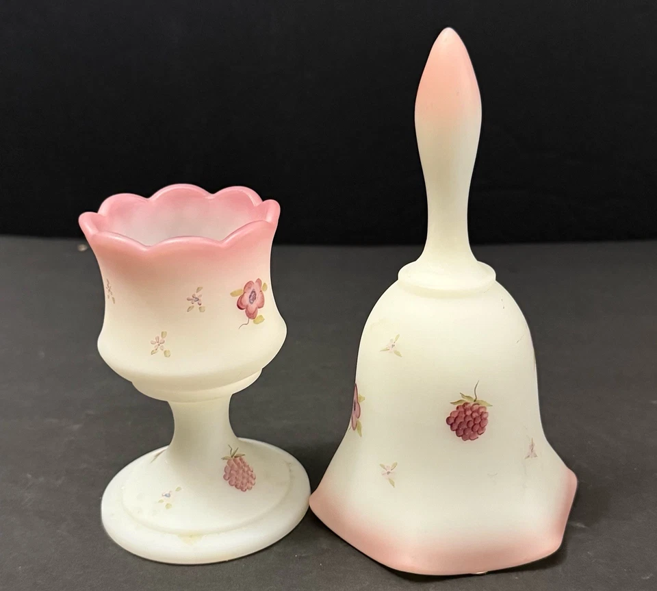 Vintage Fenton Bell & Candleholder Pink Flowers & Raspberries Ombre Satin Signed - Image 4 of 4