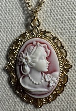 Beautiful Goldtone Pink White Victorian Style Lady Cameo Pendant On Chain