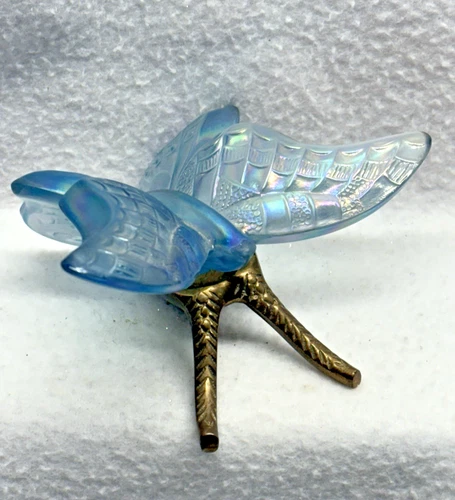 Fenton Ocean Blue Iridescent Carnival Glass Butterfly & Brass Stand Vintage Tag