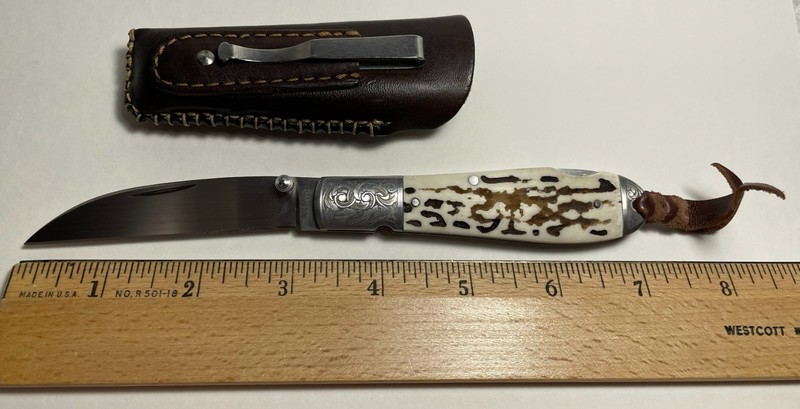 A.G. Russell Agent Knife, stag handle, engraved bolsters, wharncliffe blade, new