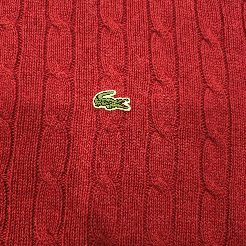 Suéter de Lana Lacoste Para Hombres XL (6) Rojo Tejido con Cable Cuello Redondo Elastizado Logo Clásico Foto 4 de 4