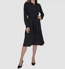 Halston Women's Black Button-Front Flared Fit & Flare Trench Dress Size 6
