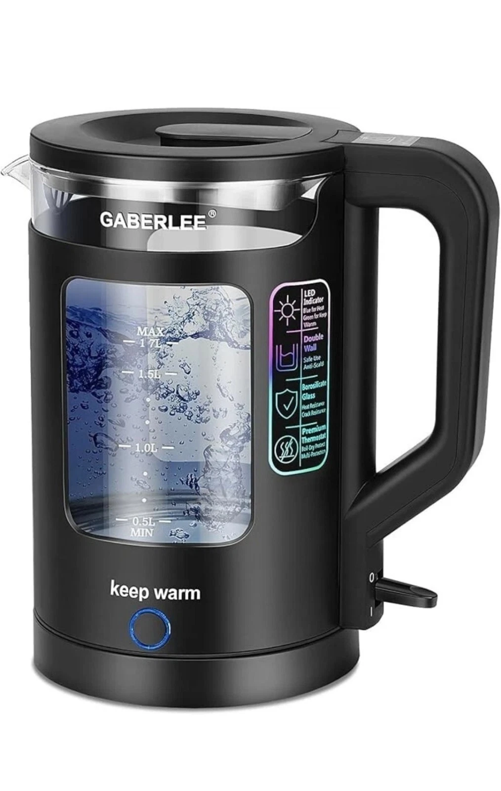 Gaberlee 1.7L Glass Electric Kettle 3000W Fast Boil Keep Warm LED R514
