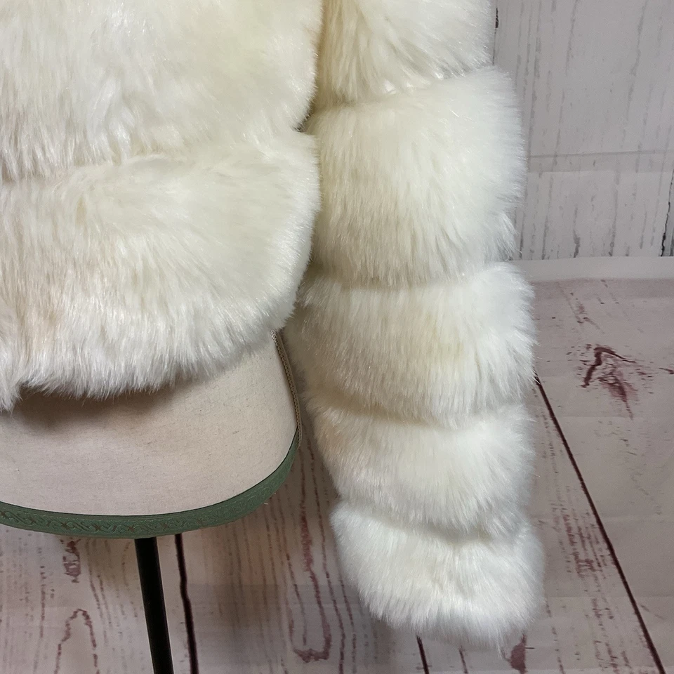 White Faux Fur Jacket Short Coat Womens L Cropped Hooded Fluffy Boho Hip Hop - Image 4 of 4