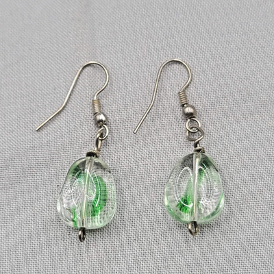 Clear Green ArtGlass Bead Pierced Earrings Silver tone Dangle 1''