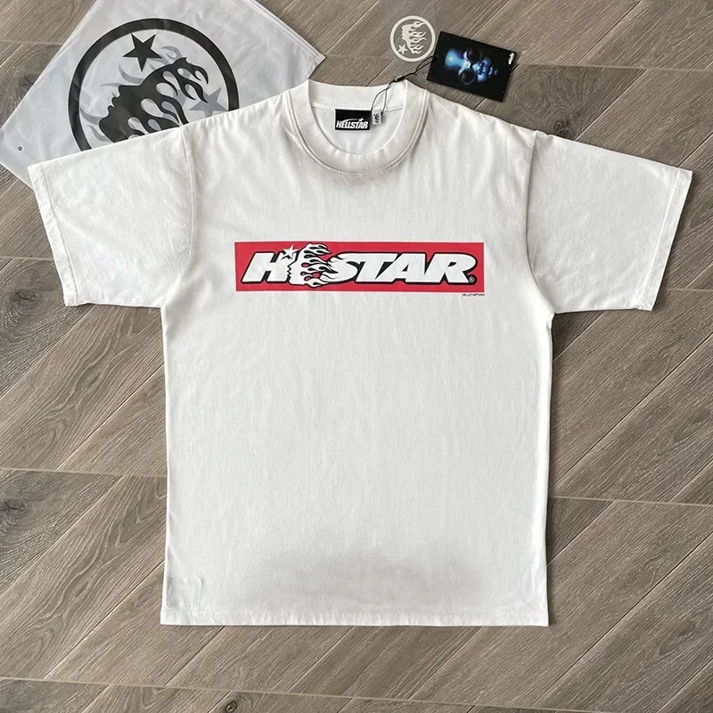 Hellstar Box Logo T-Shirt Men's Cream Cotton Washed Tees Short