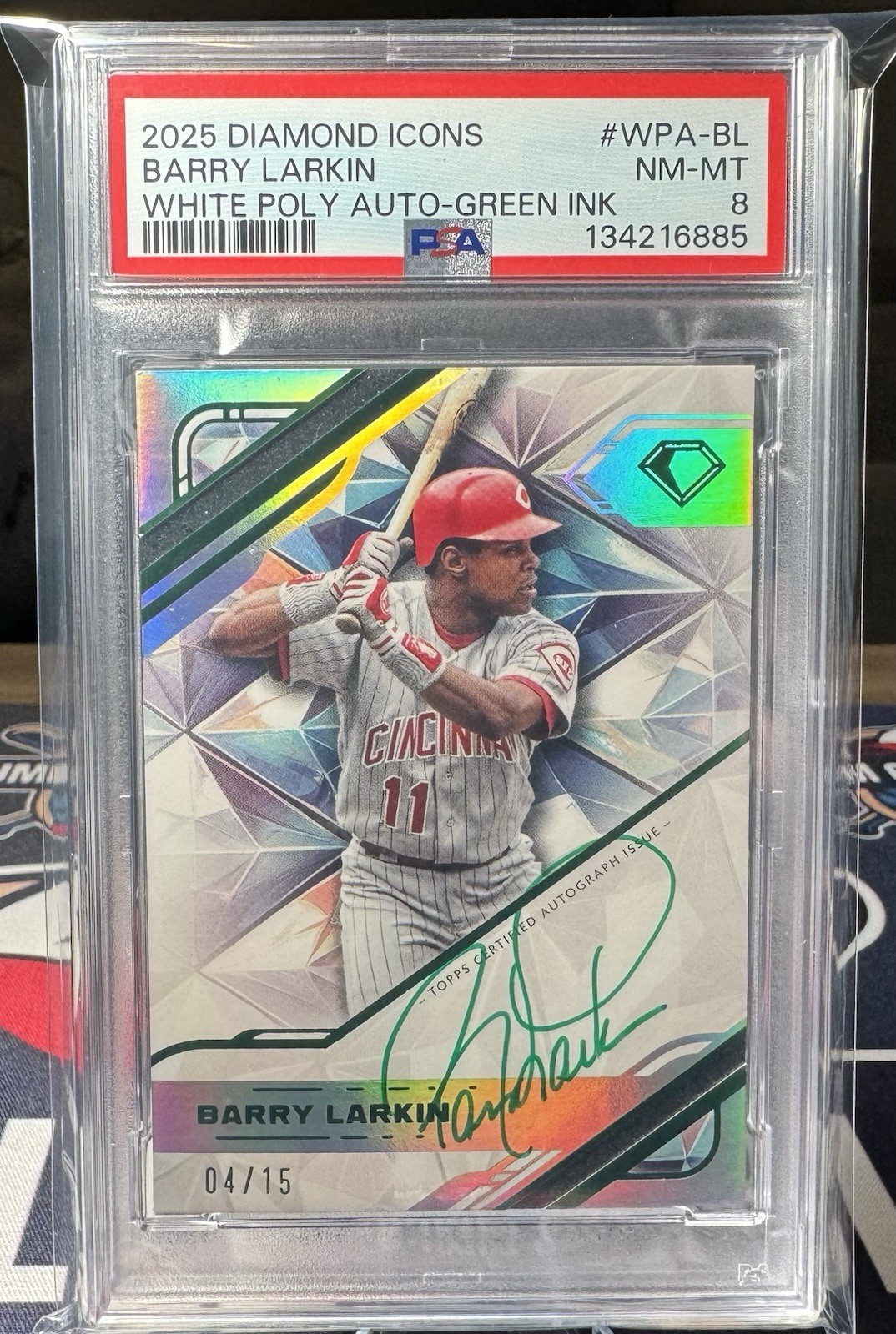 2025 Topps Diamond Icons-#WPA-BL Barry Larkin White Poly Green Ink /15 PSA 8