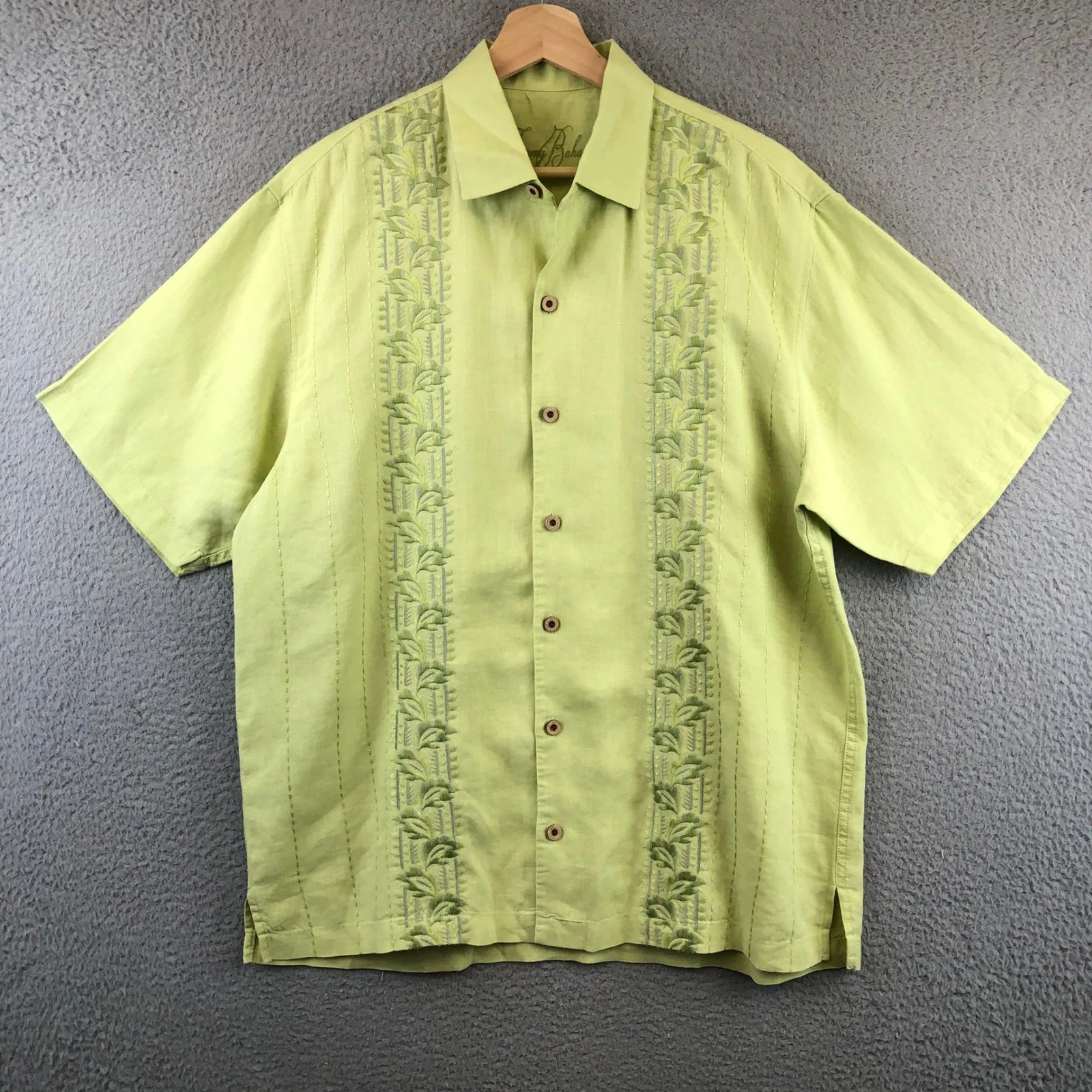 Tommy Bahama Mens Linen Short Sleeve Button Up Shirt Palm Leaf Embroidery L