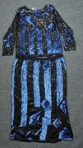 Vintage Raiment Fashions Sequin Set Shirt Top Skirt Women Medium Black Blue Silk