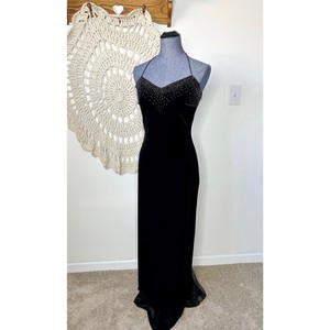 Dave & Johnny Vintage Y2K Black Velvet Mesh Cutout Open Back Beaded Dress 8