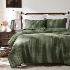 Queen Size Quilt Set Striped Lightweight Soft Bedspread Olive Green Cross Stitch