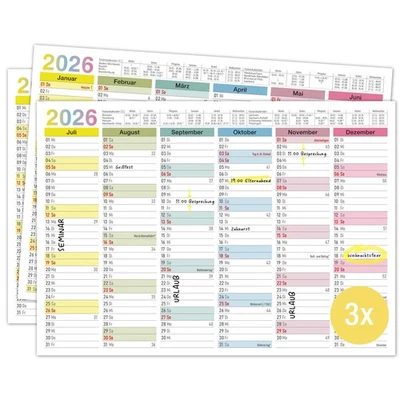 TOBJA 3x Tafelkalender 2026 DIN A4 Bunt Wandkalender Jahresplaner 350g/m² Karton