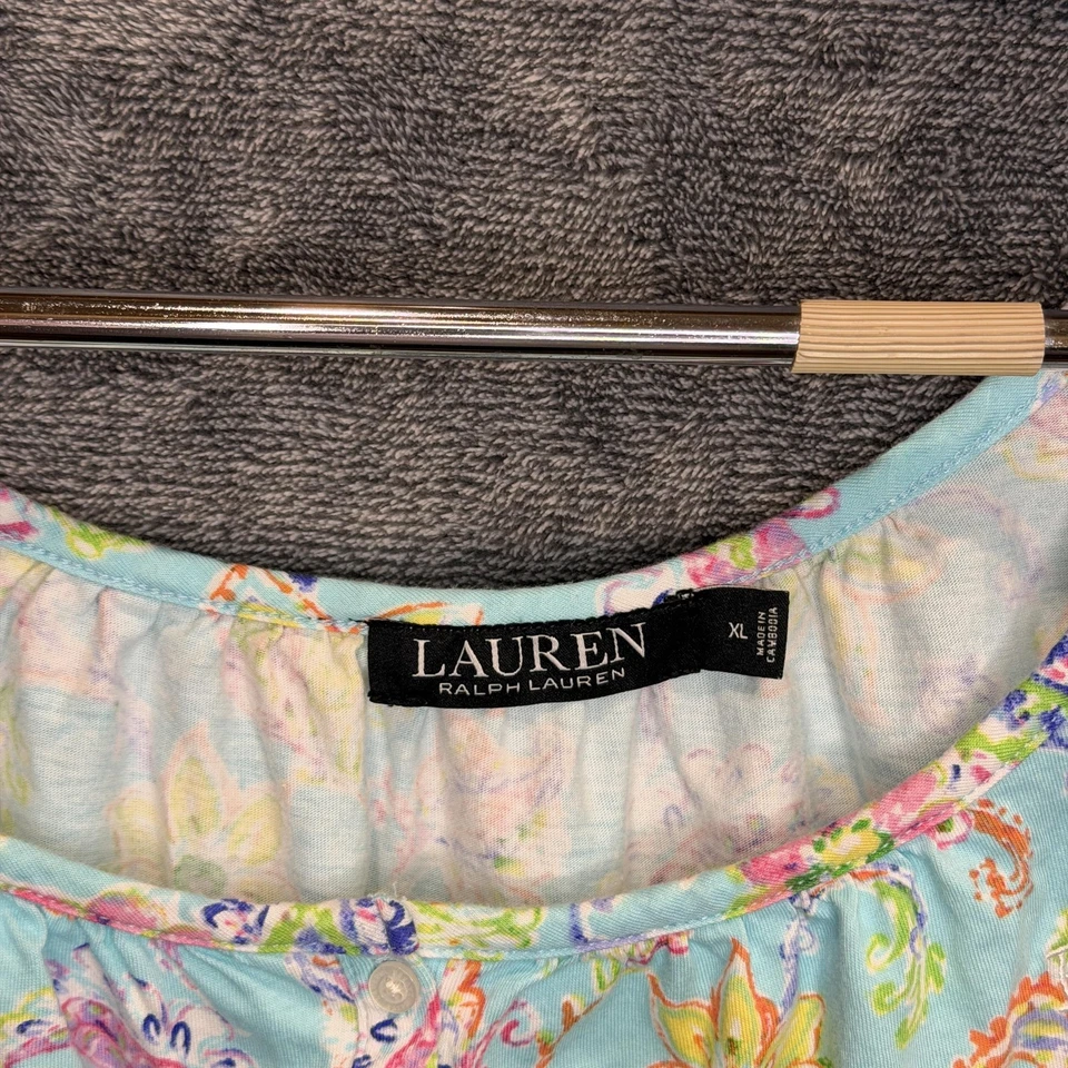 Lauren Ralph Lauren Sleep Chemise Nightgown Womens XL Blue Floral Paisley Ruffle - Image 3 of 4