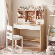 Kids Study Desk and Chair Set Natural Wood and White MDF with Storage Natural