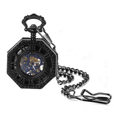 Mens Hallow Octagon Shape Mechanical Steampunk Skeleton Pocket Watch with Chain