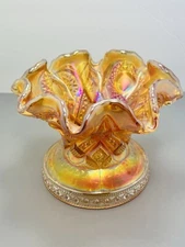 Antique Imperial Marigold Carnival Hobstar Art Glass Punch Bowl Base Vase