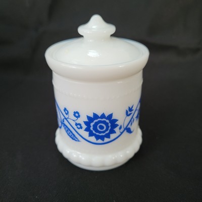 Hazel Atlas Milk Glass Blue Floral Sweetpea Condiment Spice Jam Jar