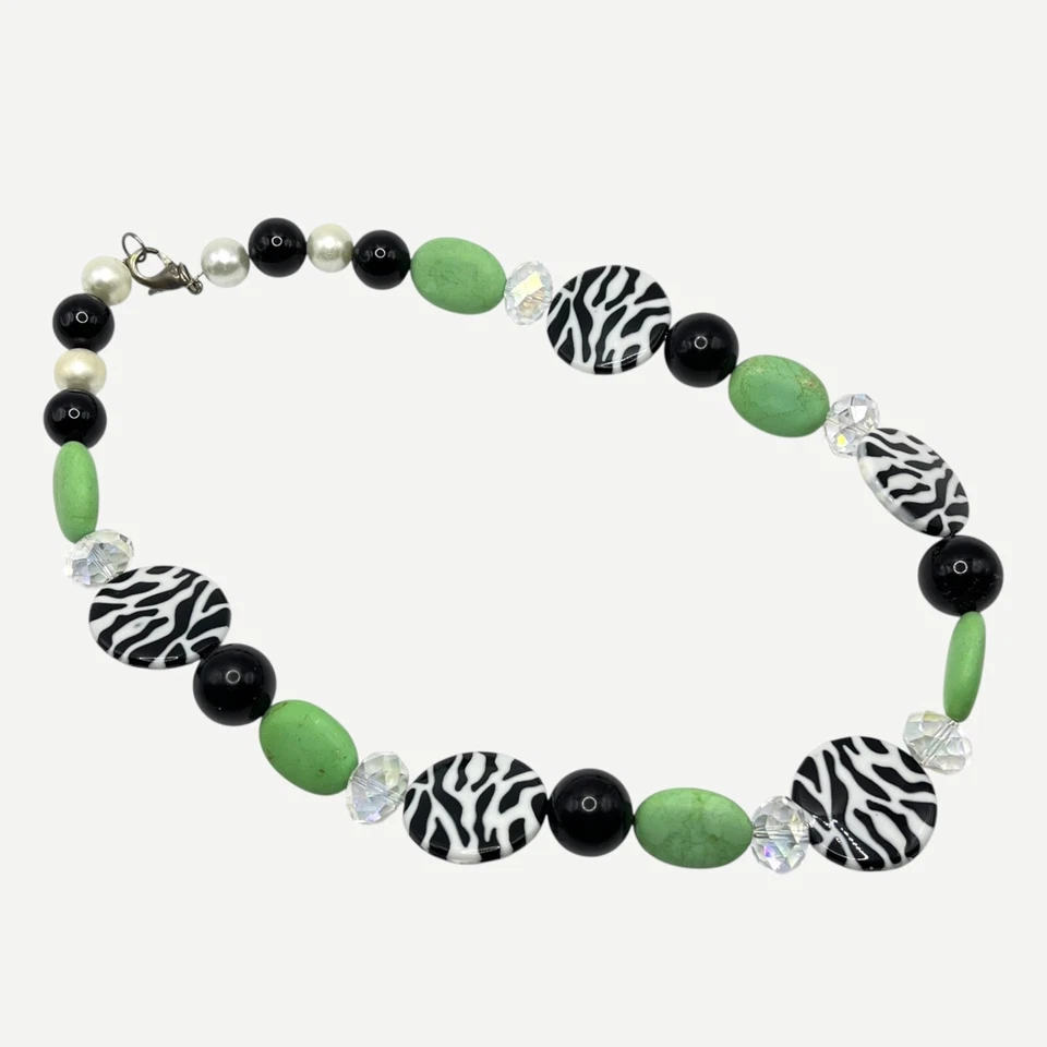 Коренастый бисером заявление ожерелье имитации жемчуг зеленый камень кристалл зебра печати - Изображение 4 из 4