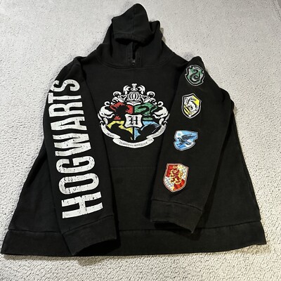 Harry Potter Hoodie 2XL Black Hogwarts Pullover Crests Spellout Sweatshirt