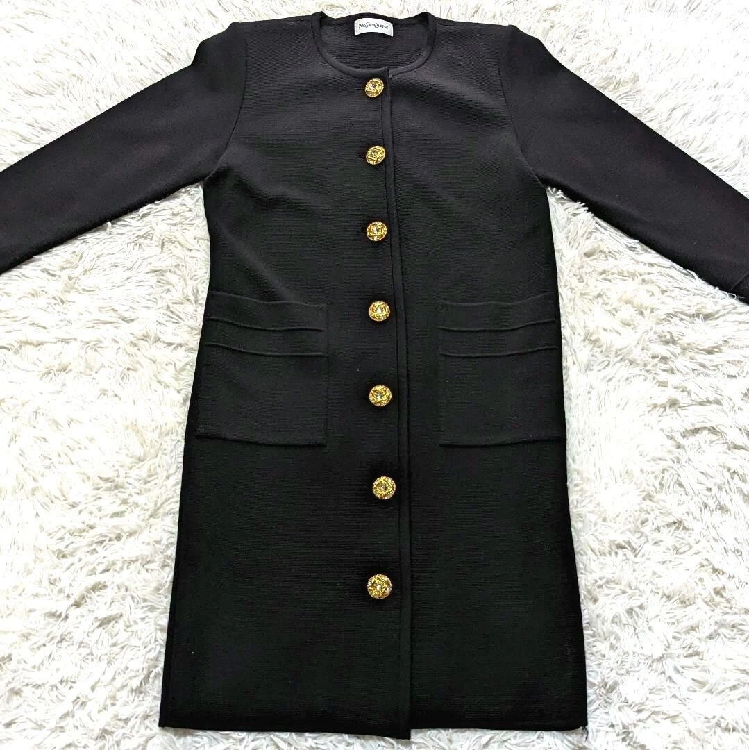 SAINT LAURENT (YSL) Yves Saint Laurent Cappotto Abito Maglia Lana Bottone Oro Nero Taglia M