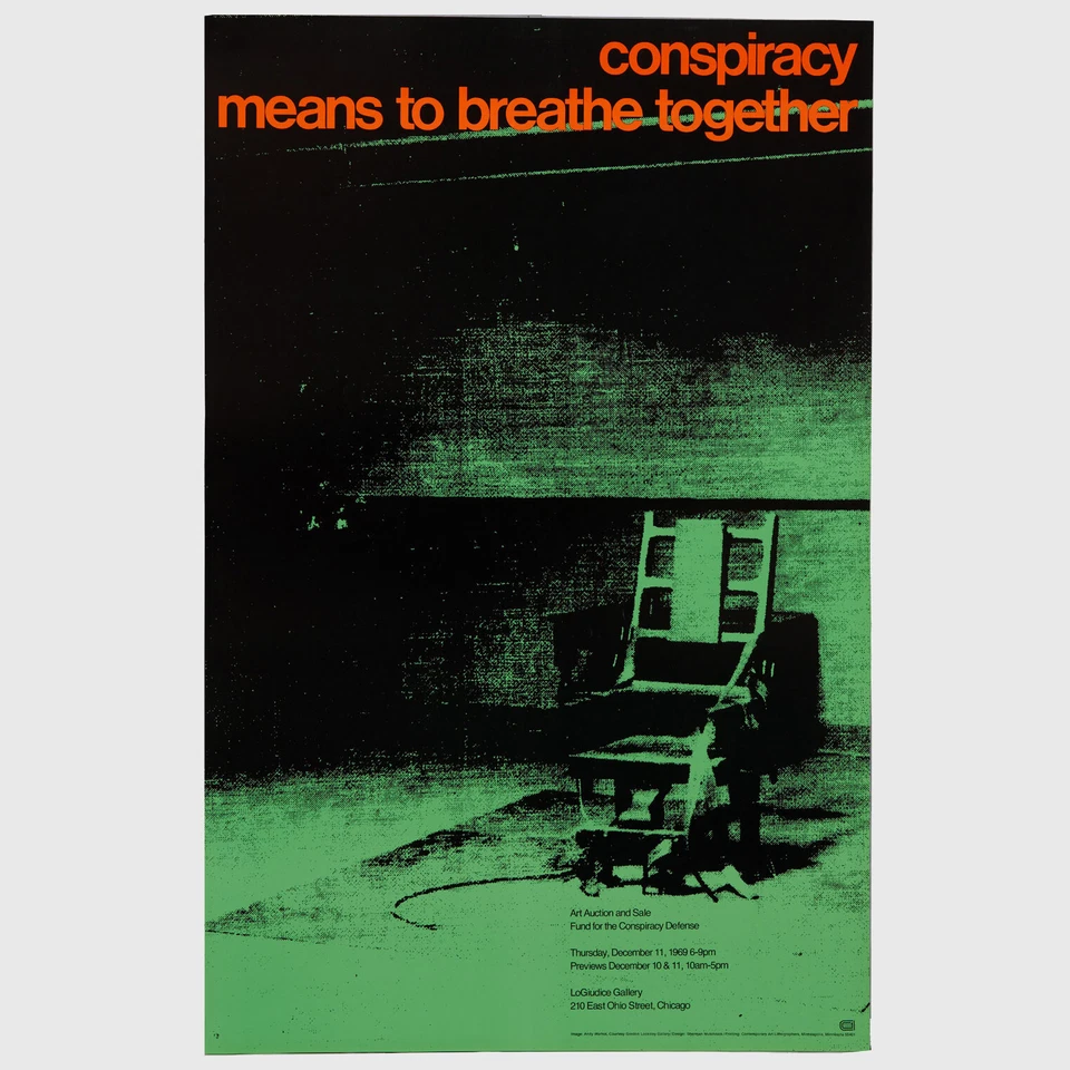 Póster de conspiración de silla eléctrica original vintage de Andy Warhol raro 1969