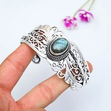 925 Sterling Silver Natural Labradorite Gemstone Handmade Jewelry Cuff Bracelet