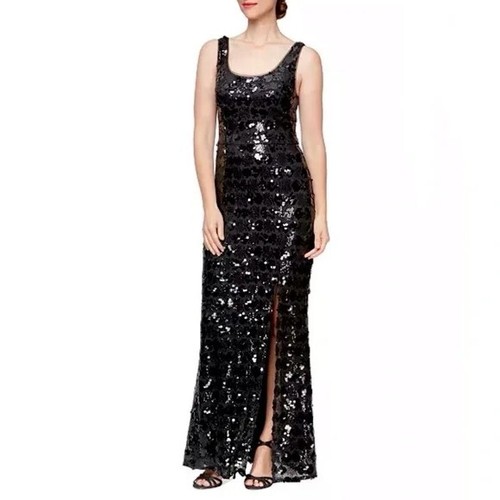 Alex & Eve Women Dress Size 10 Black Sequin Split Front Sleeveless Cocktail Gown