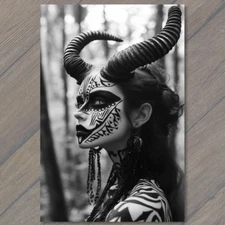 POSTCARD Woman Body Paint Horns Tribal Gothic Fantasy Nature Mystical Forest Art