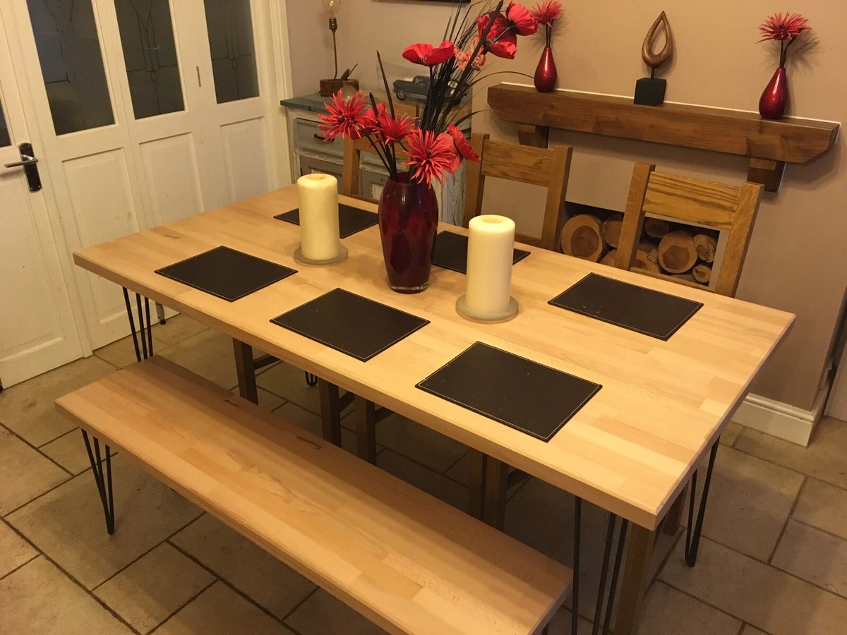 Handmade Solid Beech Dining Table 2 Benches With Hairpin Legs