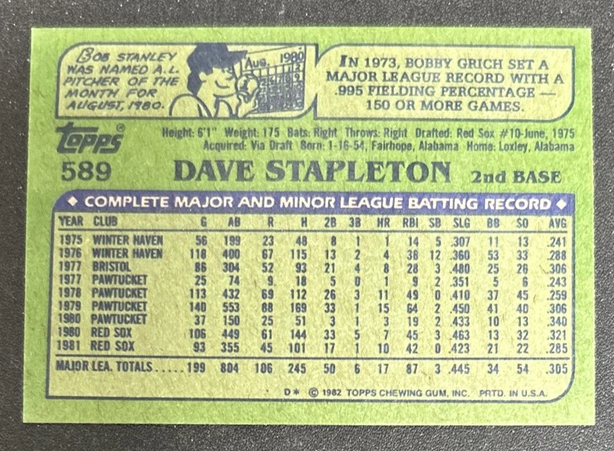 1982 Topps Dave Stapleton 2nd Year Baseball Card #589 Red Sox 2B Mis-Cut O/C - Image 2 of 2