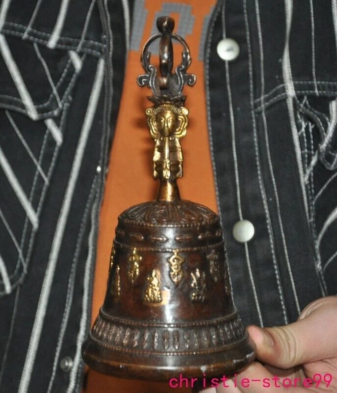 7" Antiguo Tíbet Bronce Dorado Buda Campana Anillo la Campana Exorcismo Reloj Estatua Foto 4 de 4
