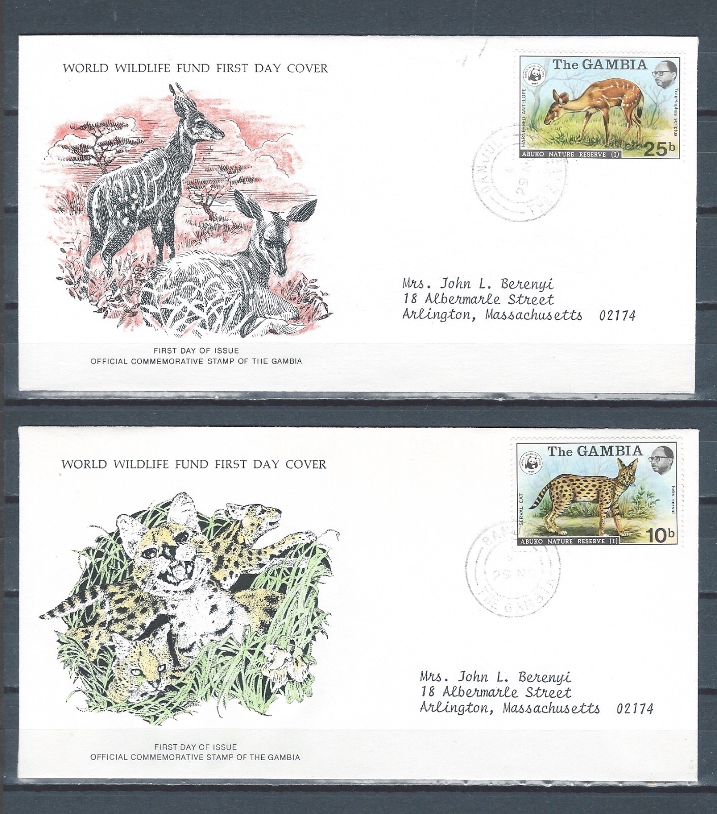 Gambia Wildlife fund - 4 FDCs with complete hi value stamps set - wild animals