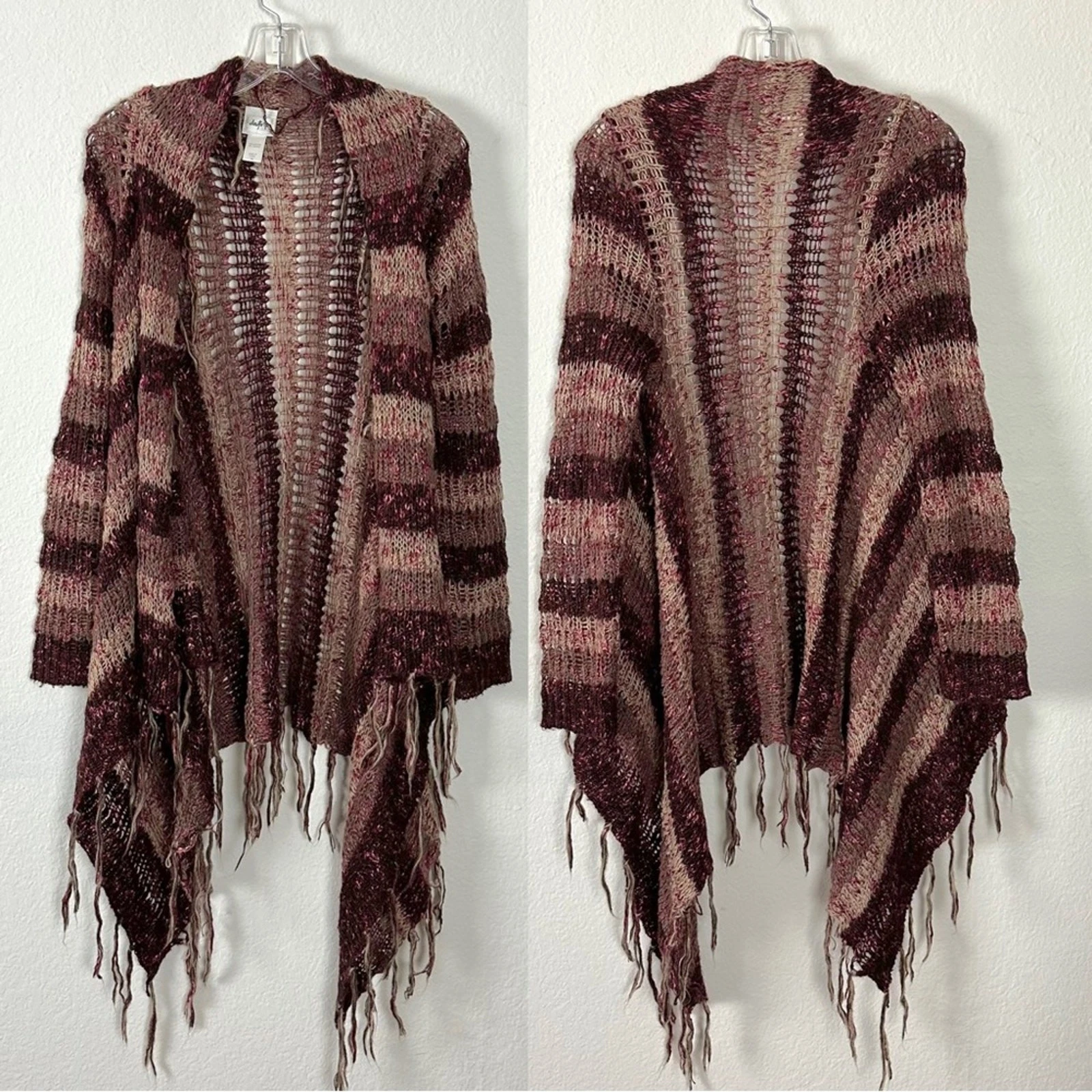 Retro 70s Y2K Bohemian Witchy Fringe Open Knit Sweater Cardigan Poncho Size XS