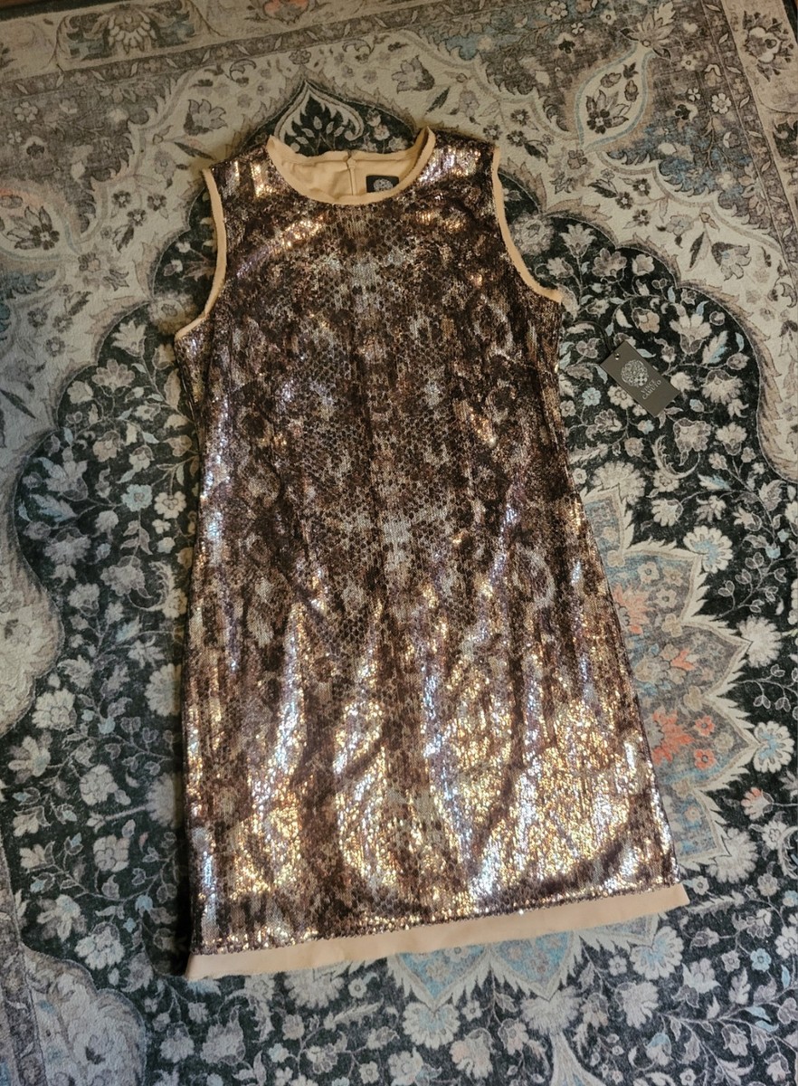 vince camuto gold sequin dress Sheath Sleeveless Round Neck Knee Zip Size 8 shoes for gold sequin dress