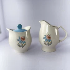 VTG Steubenville Pottery Fairlane Creamer Pitcher & Sugar Bowl Pink Blue Floral