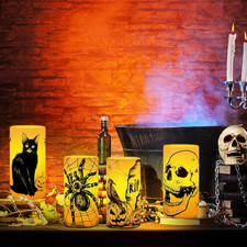 Halloween Flameless Flickering LED Pillar Candles Battery Operated Spooky Pum...