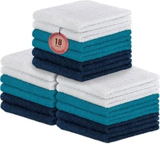 DecorRack 18 Pack 100% Cotton Wash Cloths, Ultra Soft, 11 x 11 Small, Blue 
