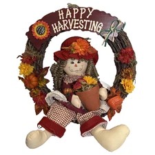 Happy Harvesting Wreath Flower Girl Fall Decor Door Hanger