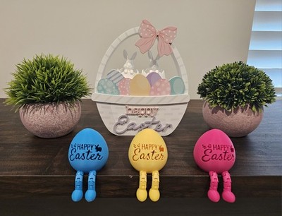 3D Set of 3 Easter Egg Figurine Decorations Blue Yellow Pink 3D  Freestanding