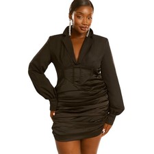 PrettyLittleThing Plus Corset Waist Blazer Dress Black Ruched Long Sleeve NWT 18